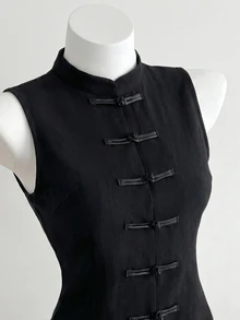 Elamini Women's Shirt, Tang Suit Style, Chinese Style, One-Character Frog Button, Casual, Minimalist - Black - View 4