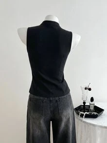 Elamini Women's Shirt, Tang Suit Style, Chinese Style, One-Character Frog Button, Casual, Minimalist - Black - View 2