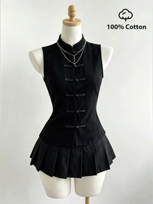 Elamini Women's Shirt, Tang Suit Style, Chinese Style, One-Character Frog Button, Casual, Minimalist - Black - View 1