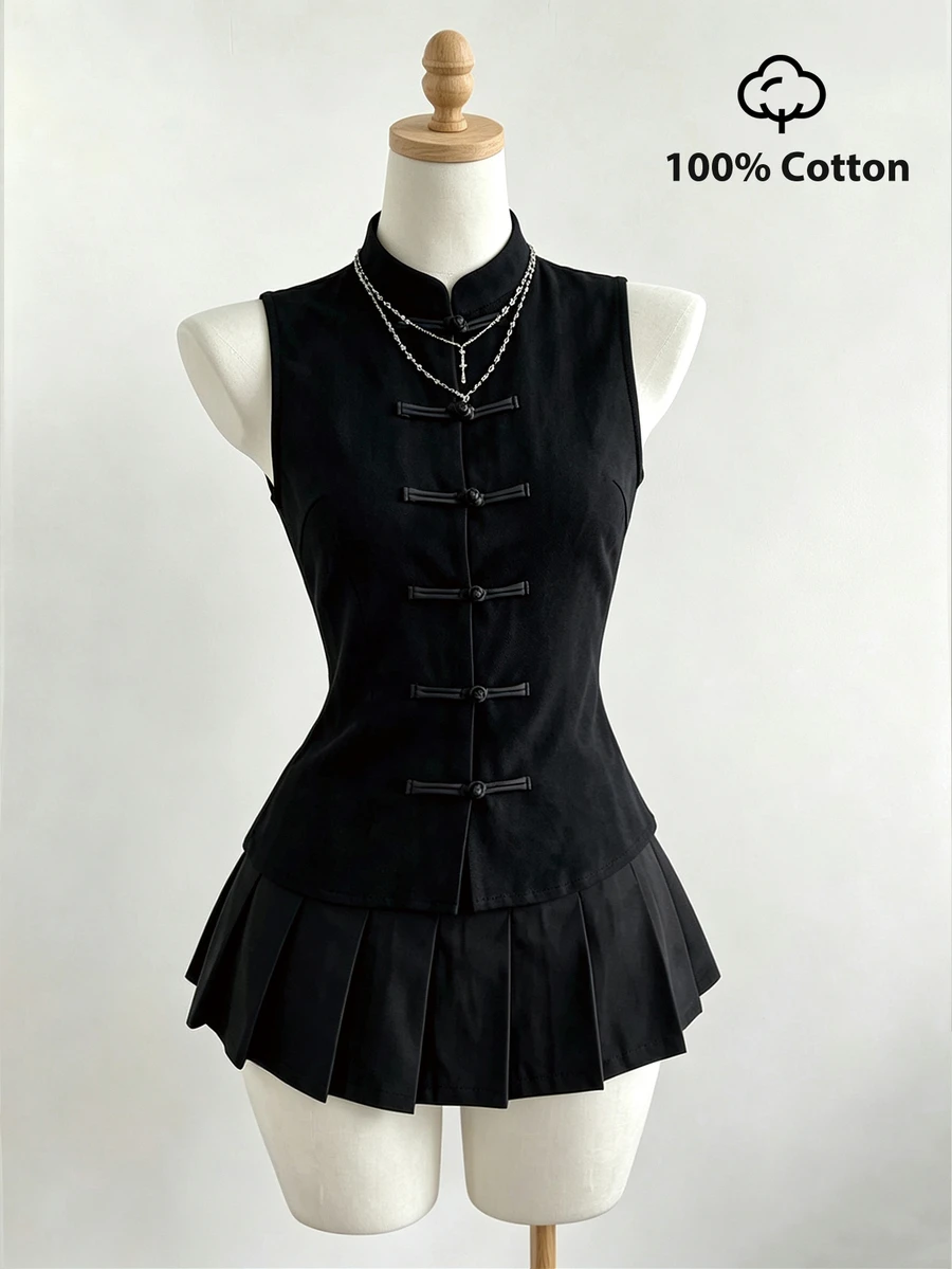 Elamini Women's Shirt, Tang Suit Style, Chinese Style, One-Character Frog Button, Casual, Minimalist - Black - View 1