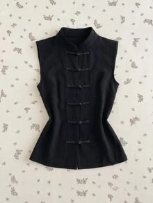 Elamini Women's Shirt, Tang Suit Style, Chinese Style, One-Character Frog Button, Casual, Minimalist - Black - View 7