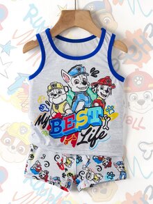 SHEIN | PAW Patrol 男童字母卡通印花撞色滚边圆领背心和短裤内衣套装 - 灰色 - 查看 3