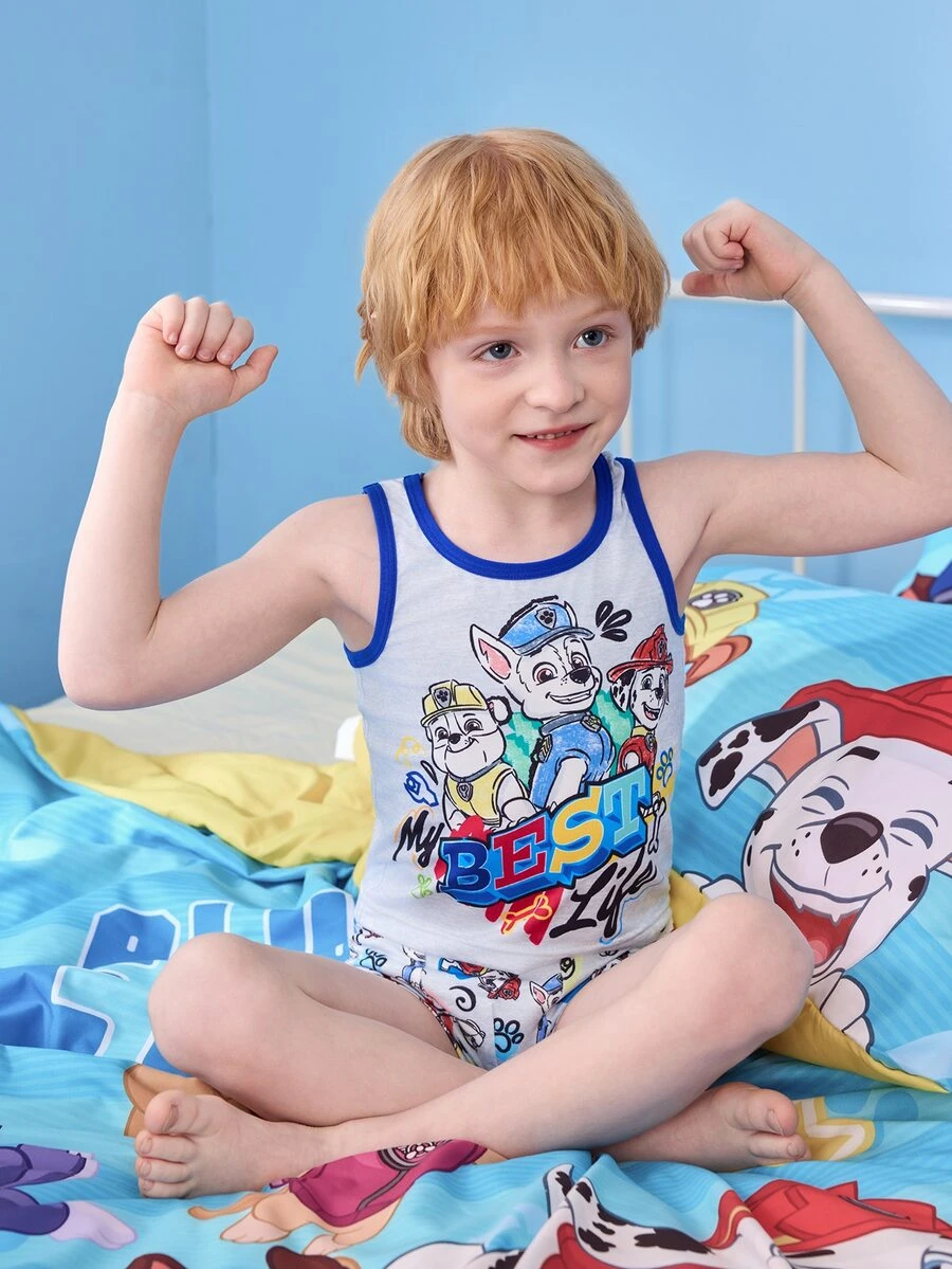 SHEIN | PAW Patrol 男童字母卡通印花撞色滚边圆领背心和短裤内衣套装 - 灰色 - 查看 1