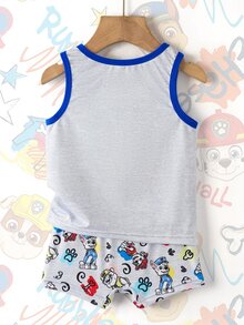 SHEIN | PAW Patrol 男童字母卡通印花撞色滚边圆领背心和短裤内衣套装 - 灰色 - 查看 2