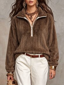 Glimmora 女款純色休閒百搭日常長袖上衣 - 棕色 - 查看 1