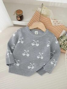 SHEIN 幼童女童灰色圓領長袖針織毛衣，秋冬款，開學季，舒適柔軟，節慶穿搭，聖誕休閒日常穿著 - 灰色 - 查看 4