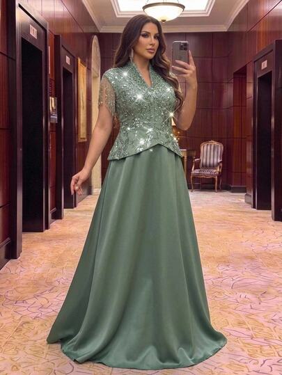 Serin Plus Size Elegant Glamorous Romantic High-End Green Sequin Embroidered Patchwork Sequin Tassel Wedding Dress Satin Chinese Stand Collar Cap Sleeve 2 In 1 Slim Fit A-Line Suitable For Evening Party Date Ball Vacation Wedding Event Bride Mother Dress Heavy Work Evening Gown