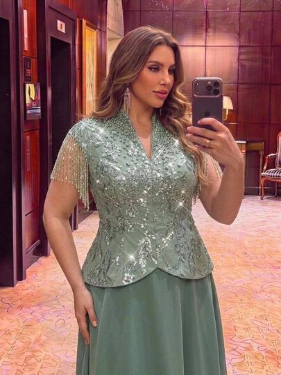 Serin Robe de mariée grande taille élégante, glamour et romantique, Top de gamme, verte, avec sequins, broderie, patchwork, sequins et franges, en satin, col montant chinois, manches courtes, 2 en 1, coupe slim A-line, convient pour soirée, fête, rendez-vous, bal, vacances, mariage, événement, robe de mariée, robe de mère, robe de soirée à travail lourd