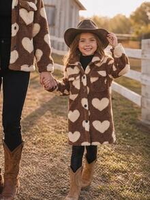 Emery Rose Kids Emery Rose Kids 少女針織人造毛心形圖案雙口袋休閒長版大衣 - 彩色 - 查看 2