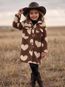 Emery Rose Kids Emery Rose Kids 少女針織人造毛心形圖案雙口袋休閒長版大衣 - 彩色 - 查看 1