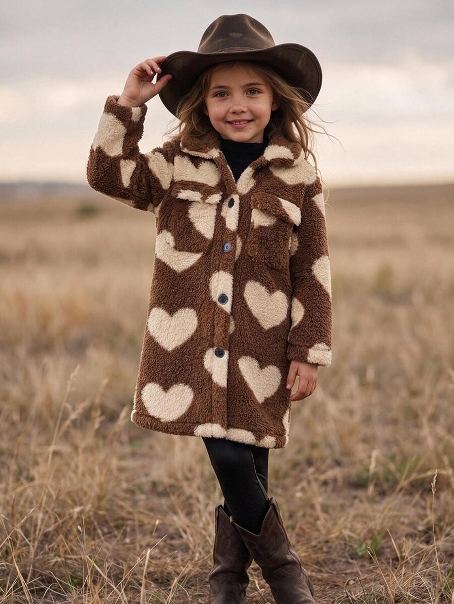Emery Rose Kids Emery Rose Kids 少女針織人造毛心形圖案雙口袋休閒長版大衣 - 彩色 - 查看 1