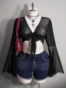 SHEIN ICON Top en maille noire pour femmes grande taille, style rétro sexy millénarial Y2K, simple, décontracté et à la mode, avec manches évasées raccourcies à nouer et col en V, automne - Noir - Voir 4