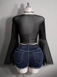 SHEIN ICON Top en maille noire pour femmes grande taille, style rétro sexy millénarial Y2K, simple, décontracté et à la mode, avec manches évasées raccourcies à nouer et col en V, automne - Noir - Voir 2