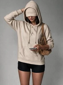 Flora Isola Flora Isola Solid Kangaroo Pocket Drawstring Hoodie - Apricot - View 3