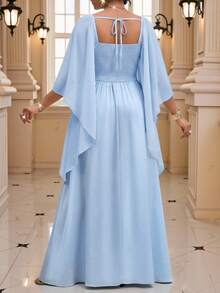 Fleurora Women's Square Neck Baby Blue 3D Floral Decor Ruffle Sleeve Elegant Romantic Dress Dinner Formal Summer Wedding Guest Dinner Long Party Church Wedding - Blue - View 2