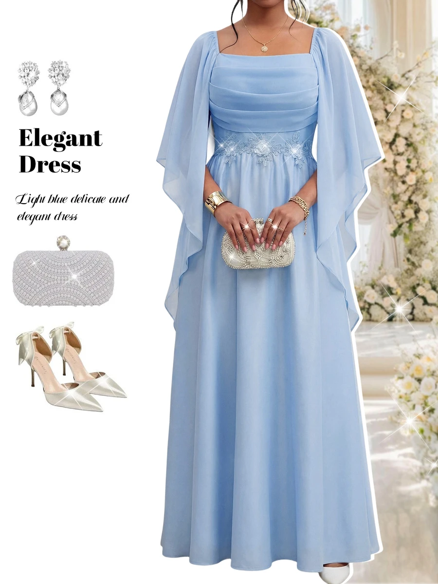 Fleurora Women's Square Neck Baby Blue 3D Floral Decor Ruffle Sleeve Elegant Romantic Dress Dinner Formal Summer Wedding Guest Dinner Long Party Church Wedding - Blue - View 1