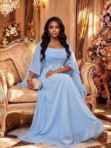 Fleurora Women's Square Neck Baby Blue 3D Floral Decor Ruffle Sleeve Elegant Romantic Dress Dinner Formal Summer Wedding Guest Dinner Long Party Church Wedding - Blue - View 7