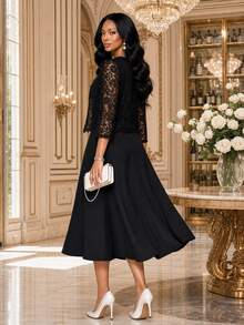 Fleurora Women's Lace 3/4 Sleeve Open Front Top And Sleeveless Dress Elegant 2 Pieces Set Dinner Formal Black Fall - Black - View 2