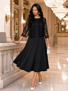 Fleurora Women's Lace 3/4 Sleeve Open Front Top And Sleeveless Dress Elegant 2 Pieces Set Dinner Formal Black Fall - Black - View 6