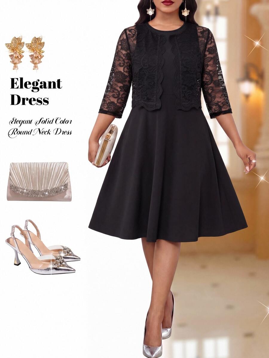 Fleurora Women's Lace 3/4 Sleeve Open Front Top And Sleeveless Dress Elegant 2 Pieces Set Dinner Formal Black Fall - Black - View 1