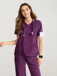TaskEZ V-Neck Plain Short Sleeve Pocket Casual Scrub Uniform Top - Purple - View 2