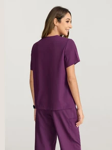 TaskEZ V-Neck Plain Short Sleeve Pocket Casual Scrub Uniform Top - Purple - View 6