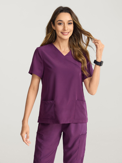 TaskEZ V-Neck Plain Short Sleeve Pocket Casual Scrub Uniform Top