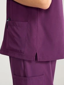 TaskEZ V-Neck Plain Short Sleeve Pocket Casual Scrub Uniform Top - Purple - View 4
