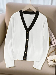 SHEIN Franclia Cardigan V-Neck Slim Fit Gaya Korea Minimalis dengan Blok Warna untuk Musim Semi/Gugur Terbaru, Sweater Ringan Serbaguna untuk Wanita yang Enerjik dan Membuat Tampak Lebih Muda - Putih - View 4