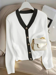 SHEIN Franclia Cardigan V-Neck Slim Fit Gaya Korea Minimalis dengan Blok Warna untuk Musim Semi/Gugur Terbaru, Sweater Ringan Serbaguna untuk Wanita yang Enerjik dan Membuat Tampak Lebih Muda - Putih - View 3