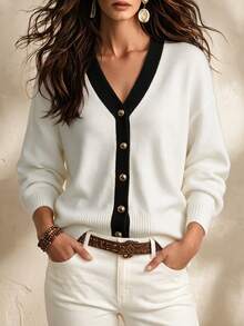 SHEIN Franclia Cardigan V-Neck Slim Fit Gaya Korea Minimalis dengan Blok Warna untuk Musim Semi/Gugur Terbaru, Sweater Ringan Serbaguna untuk Wanita yang Enerjik dan Membuat Tampak Lebih Muda - Putih - View 1
