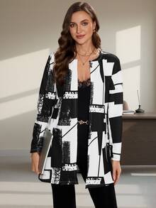 Editum Women's Regular Fit Black And White Geometry Pattern All-Match Jacket In Fall/Winter Christmas New Year Bussiniess Outfits Church Outfits Brunch - Black and White - View 12
