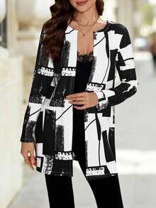 Editum Women's Regular Fit Black And White Geometry Pattern All-Match Jacket In Fall/Winter Christmas New Year Bussiniess Outfits Church Outfits Brunch - Black and White - View 13