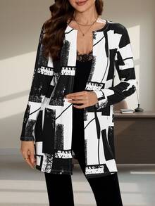 Editum Women's Regular Fit Black And White Geometry Pattern All-Match Jacket In Fall/Winter Christmas New Year Bussiniess Outfits Church Outfits Brunch - Black and White - View 7