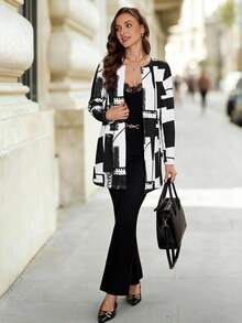 Editum Women's Regular Fit Black And White Geometry Pattern All-Match Jacket In Fall/Winter Christmas New Year Bussiniess Outfits Church Outfits Brunch - Black and White - View 4