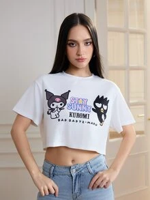 HELLO KITTY AND FRIENDS | SHEIN 女士休闲日常通勤可爱卡通字母图案落肩宽松短款 T 恤，夏季 - 白色 - 查看 1