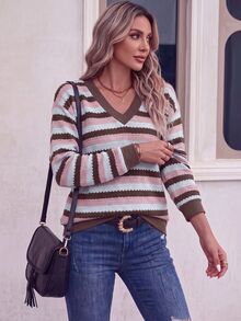 New Empress Fashion Casual Colorblock Striped V-Neck Long Sleeve Sweatshirt - Multicolor - View 4