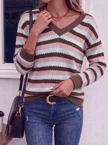 New Empress Fashion Casual Colorblock Striped V-Neck Long Sleeve Sweatshirt - Multicolor - View 5