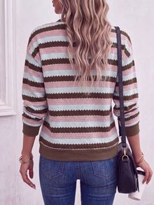New Empress Fashion Casual Colorblock Striped V-Neck Long Sleeve Sweatshirt - Multicolor - View 2