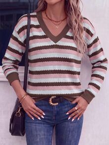 New Empress Fashion Casual Colorblock Striped V-Neck Long Sleeve Sweatshirt - Multicolor - View 3