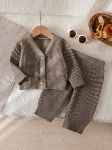 SHEIN 嬰兒灰色卡其色V領短版開襟衫+長褲套裝，卡其色簡約百搭純色套裝，柔軟舒適面料，適合休閒外出 - 卡其色 - 查看 3