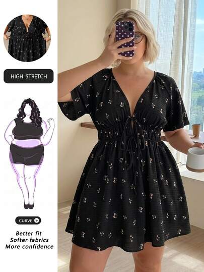 SHEIN CURVE+ Plus Size Women's V-Neck A-Line Ruffle Sleeve Dress, Loose Fit Casual Vacation Autumn Short Sleeve Dress