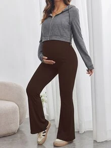 SHEIN بنطال طويل للحوامل بلون موحد وخصر قابل للتعديل، كاجوال ومتعدد الاستخدامات للارتداء اليومي في فصل الخريف - قهوة بني - مشاهدة 6