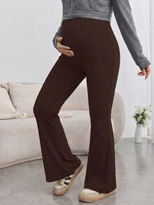 SHEIN بنطال طويل للحوامل بلون موحد وخصر قابل للتعديل، كاجوال ومتعدد الاستخدامات للارتداء اليومي في فصل الخريف - قهوة بني - مشاهدة 4