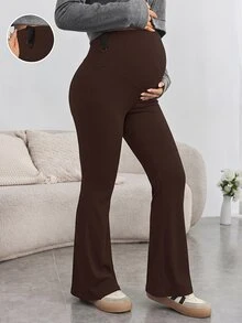 SHEIN بنطال طويل للحوامل بلون موحد وخصر قابل للتعديل، كاجوال ومتعدد الاستخدامات للارتداء اليومي في فصل الخريف - قهوة بني - مشاهدة 1