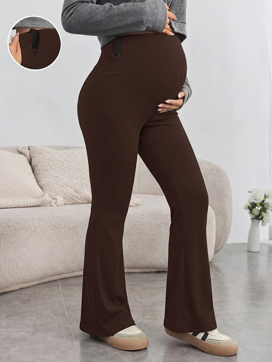 SHEIN بنطال طويل للحوامل بلون موحد وخصر قابل للتعديل، كاجوال ومتعدد الاستخدامات للارتداء اليومي في فصل الخريف - قهوة بني - مشاهدة 1