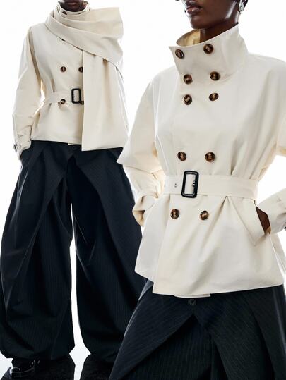 LYSMO Women's Elegant Vintage Button Long Sleeve Trench Coat Street Style Office Corporate Corporate White Autumn Outfit For Women Office Outfits For Women