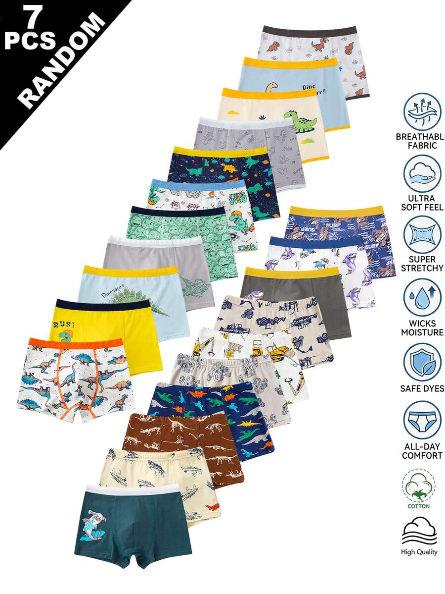 Random 7Pcs Boys Toddler Boxer Briefs Underwear Soft Knit Skin-Friendly Fabric Cartoon Animal Patterns & Solid Colors Daily Essentials Cozy Fit - Multicolor - View 1