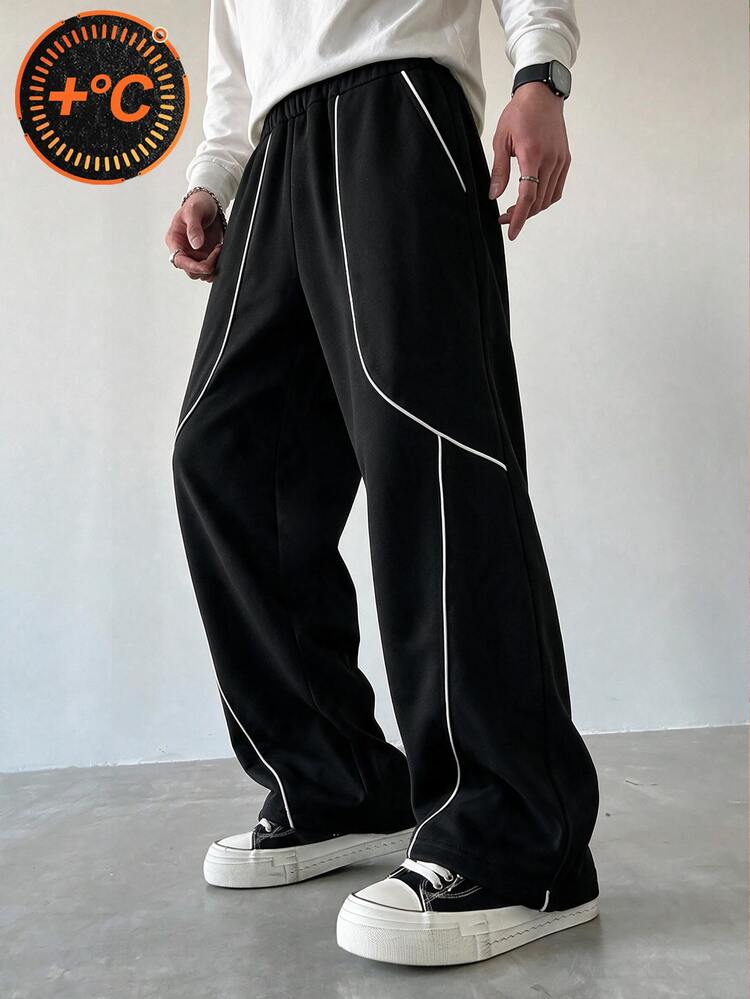SHEIN Back To School Season Teen Boys (13-16 Years Old) Streetwear Black Loose Wide Leg Sports Pants, Warm Colorblock Trim Fleece Lined Joggers Winter - Black - View 1