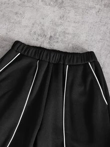 SHEIN 返校季 13-16 歲青少年男孩休閒街頭風黑色拼接線條寬鬆寬腿運動長褲，保暖冷色調拼色飾邊抓絨內裡慢跑褲，適合春秋日常上學、街頭穿搭與戶外運動 - 黑色 - 查看 7
